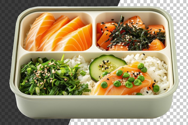 PSD salmon sushi and sides in a stylish bento box for a healthy lunch cut out stock png