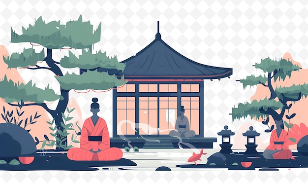 Samurai Characters Meditating in a Garden Design Is Traditio Flat Illustration Festival Theme Art