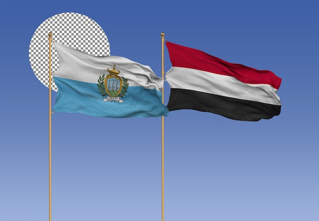 San Marino and Yemen Wavy Flags Together Bilateral Relations 3D Rendering