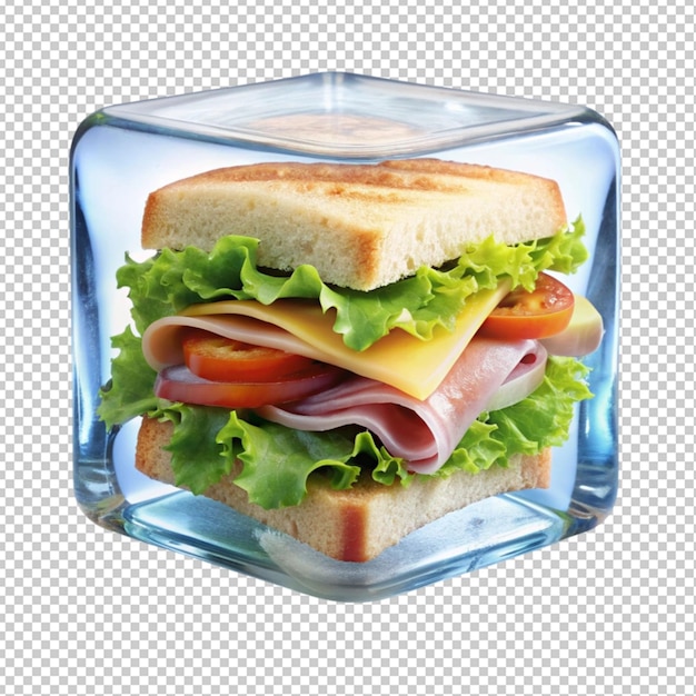 a sandwich inside a ice cube on transperent background