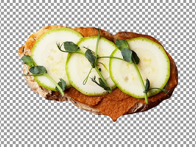 Sandwich with cucumber slices and green leaves on transparent background