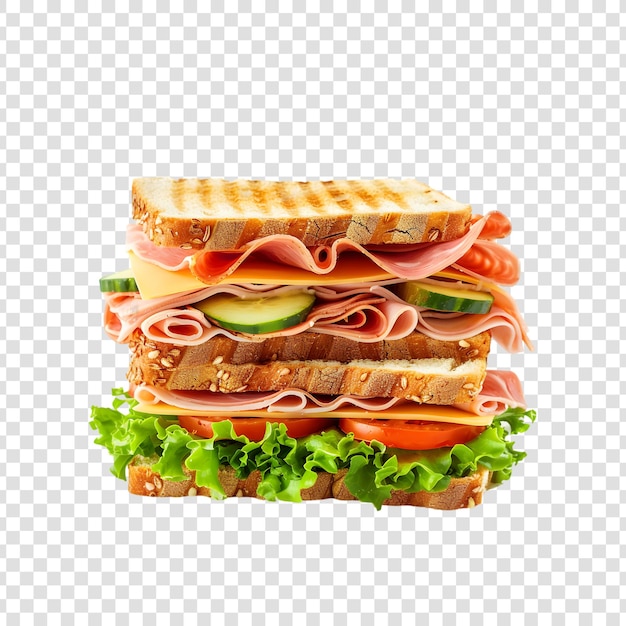 A sandwich with lettuce tomatoes and cheese on a bun on a transparent background