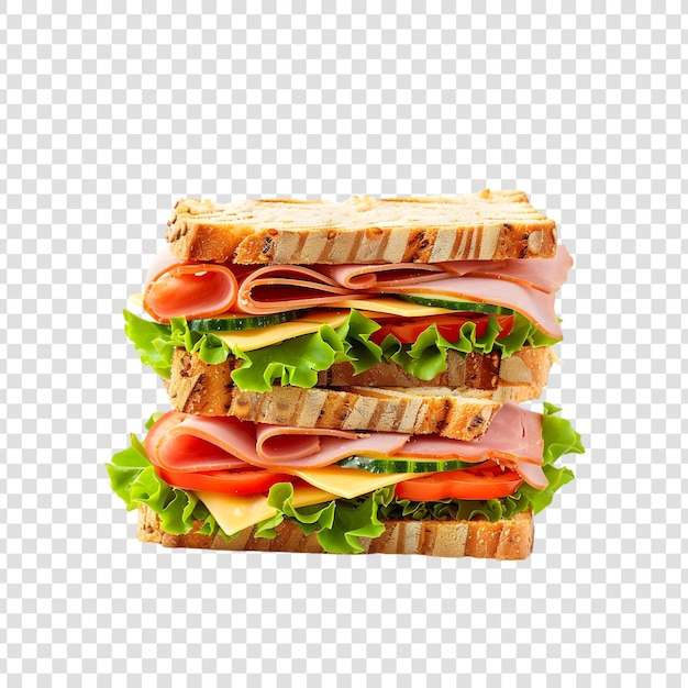 A sandwich with lettuce tomatoes and cheese on a bun on a transparent background