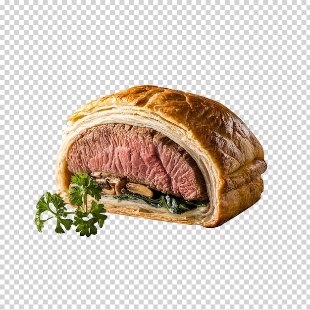 a sandwich with meat and vegetables on a white background