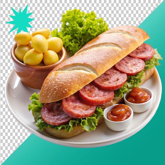 sandwich with salami sausage on transparent background