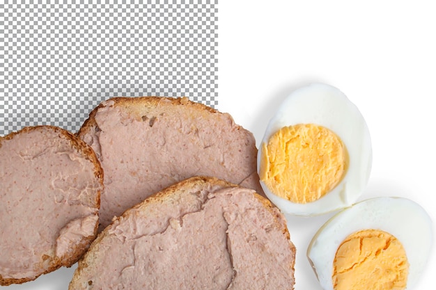 Sandwiches made of bread and pate next to it lies an egg cut in half Isolated on transparent backg