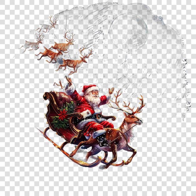 PSD santa claus and his reindeer flying through the night sky christmas illustration background