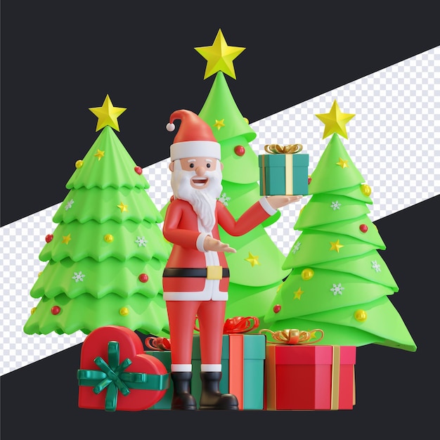 Santa claus holding gift box with pine tree christmas background 3D render illustration