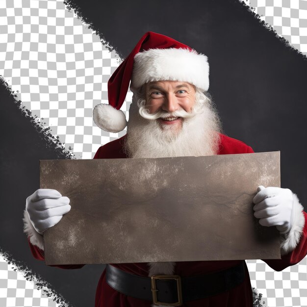 Santa Claus pointing at a white sign isolated on a transparent background