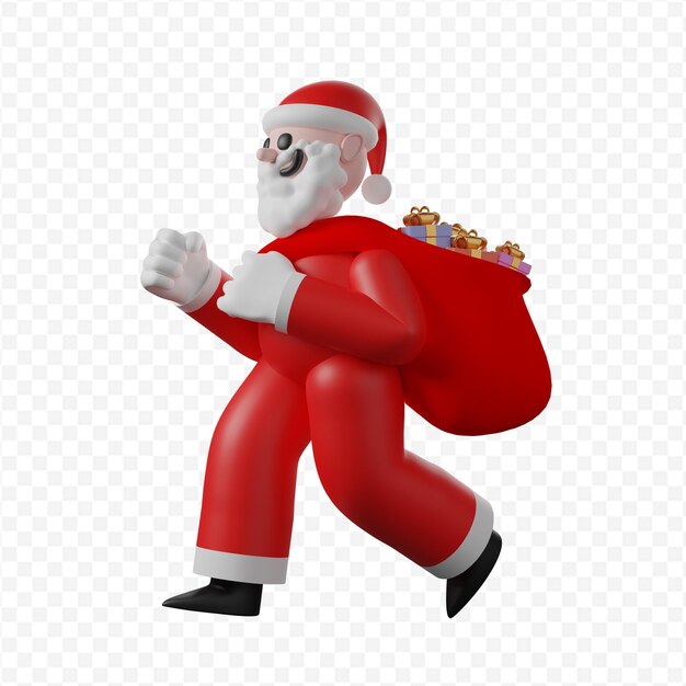 Santa Claus runs with a bag of gifts 3d illustration