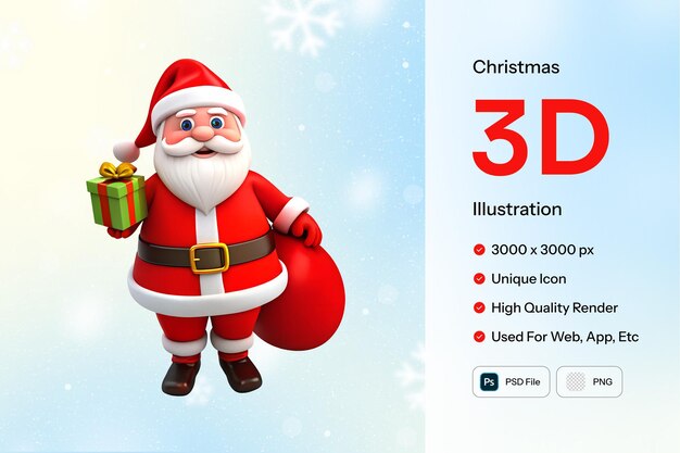 PSD santa claus with christmas gifts 3d render