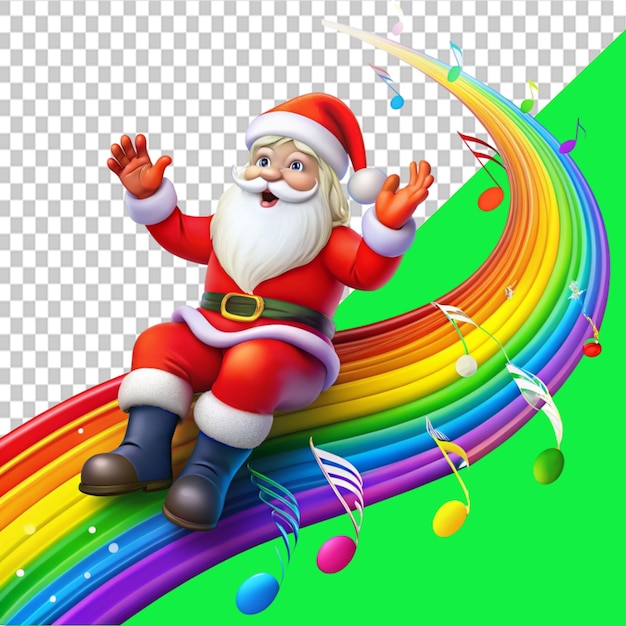 santa claus with melody symbols on rainbow wave on transparent background