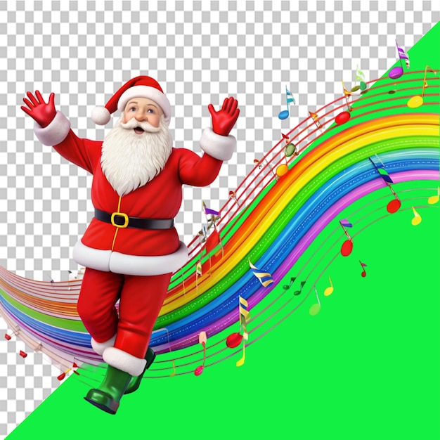 PSD santa claus with melody symbols on rainbow wave on transparent background