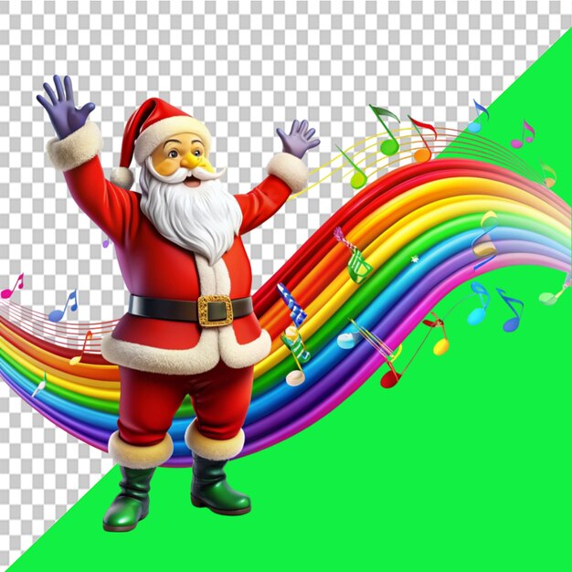 PSD santa claus with melody symbols on rainbow wave on transparent background