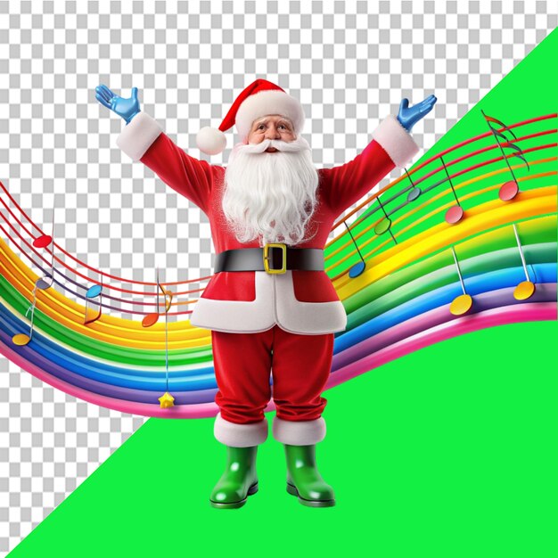 PSD santa claus with melody symbols on rainbow wave on transparent background