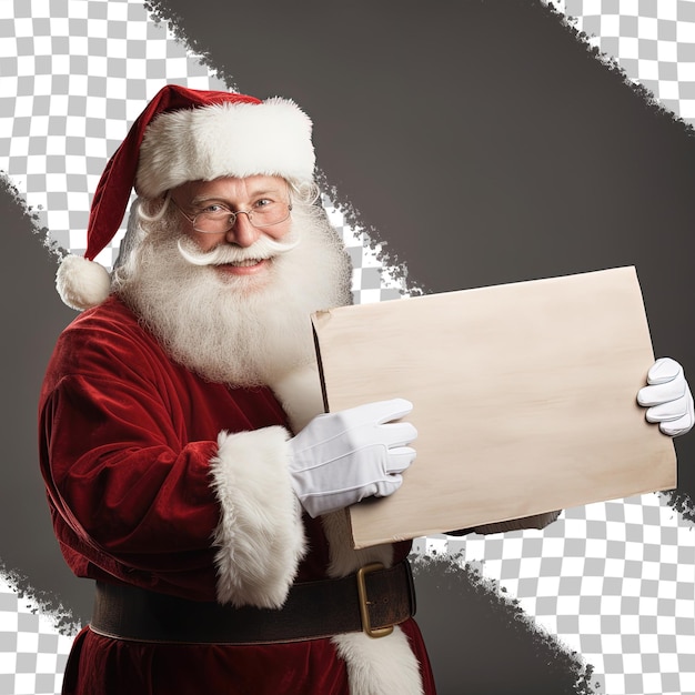 a santa holding a board with a picture of him with a frame in the background.