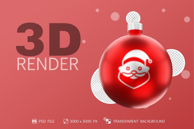 Santa icon on realistic christmas ball 3D Render with metalic red isolated background