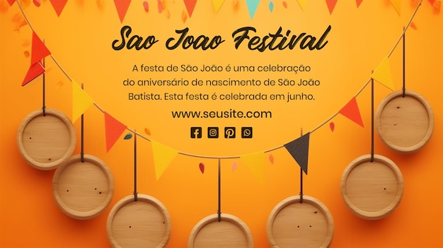 PSD sao joao festival concept hanging festoons and hanging wooden board on orange background