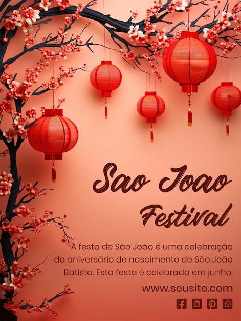 Sao Joao festival concept papercut style lanterns hanging in tree branches on reddish background