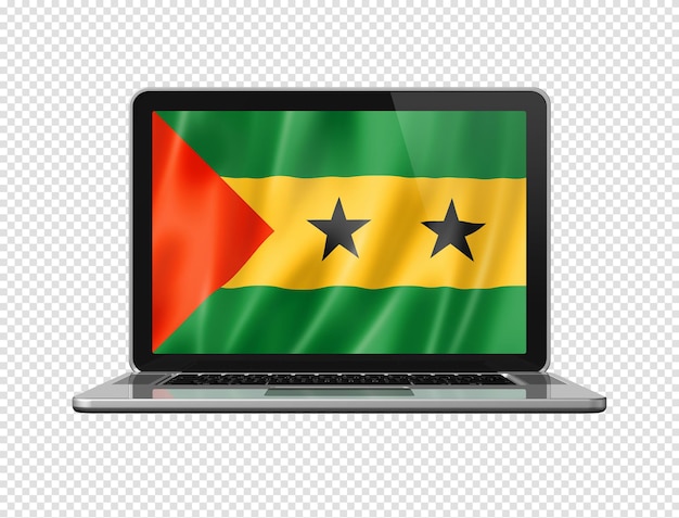 Sao Tome and Principe flag on laptop screen isolated on white 3D illustration