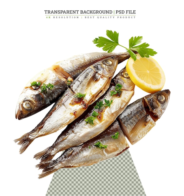 PSD sardines with lemon on white