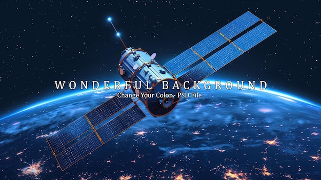 PSD satellite orbiting earth with glowing lights from cities concept of space exploration technology communication and global network