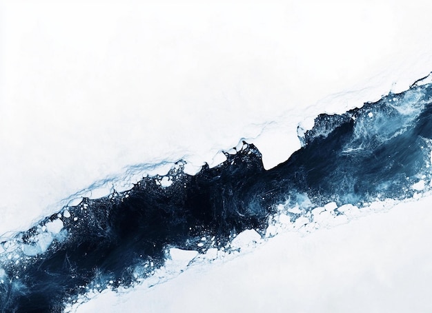 A satellite view of an ice shelf with white space on the left side and dark blue water below