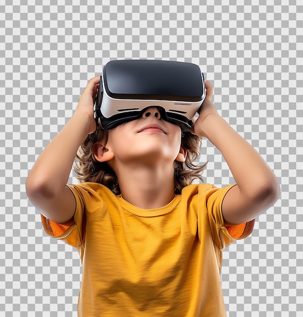 PSD satisfied young student exploring vr headset on isolated transparent background