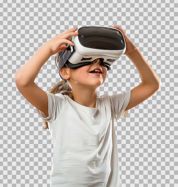 PSD satisfied young student exploring vr headset on isolated transparent background