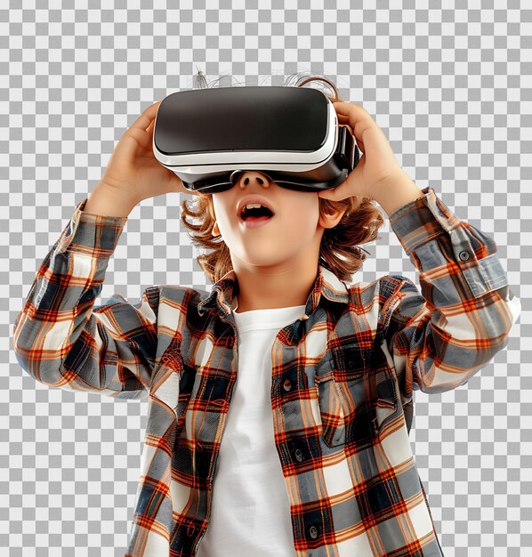 PSD satisfied young student exploring vr headset on isolated transparent background