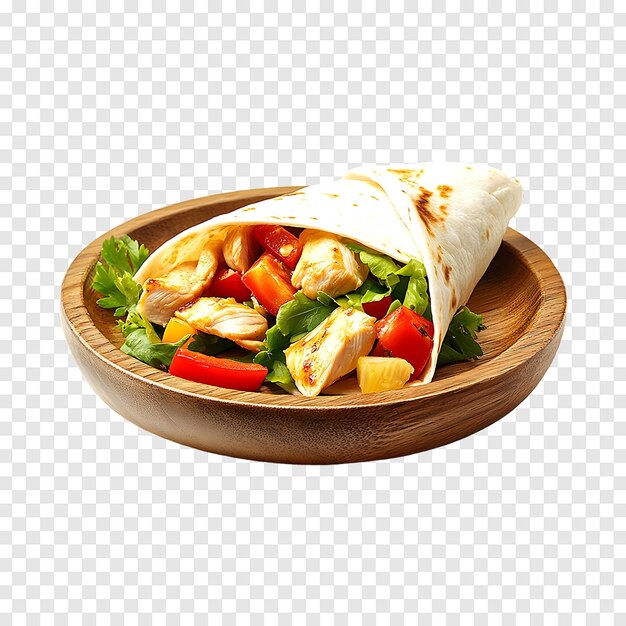 PSD satisfying tortilla wrap loaded with chicken meat and a selection of fresh vegetables