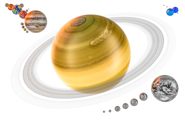 PSD saturn and satellites with realistic texture and solar system 3d rendering isolated on transparent background