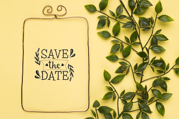 Save the date mock-up minimalist frame and leaves