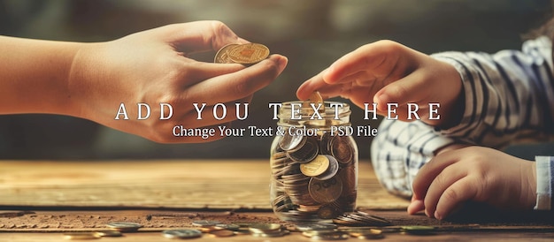 Saving money together A child and adult hand putting coins in a glass jar