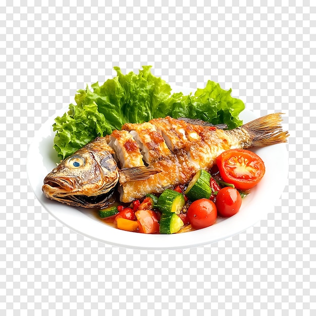 PSD savory hot fried fish served with vegetables on a clear transparent background