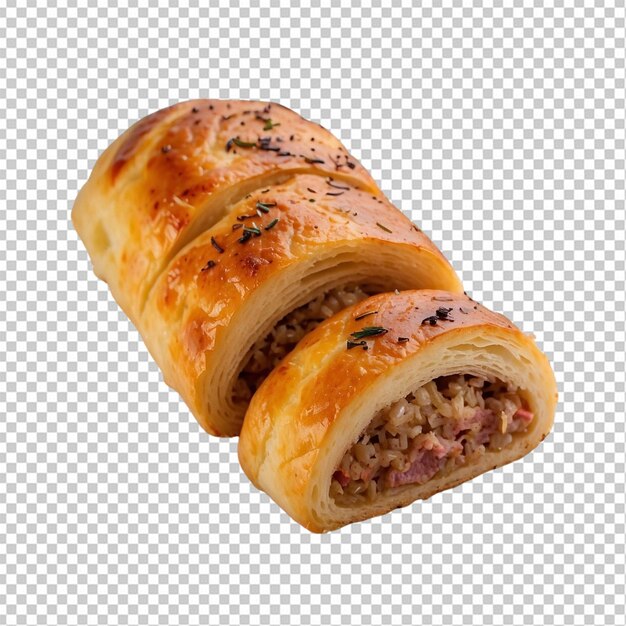 Savory stuffed pastry roll on transparent background