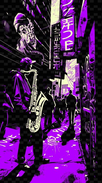 Saxophonist on a Bustling Street Corner With Passersby and G Illustration Music Poster Designs