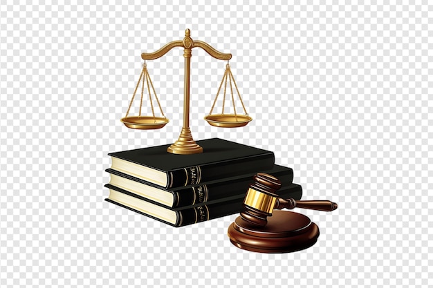 Scales of justice gavel and law books isolated on a transparent background