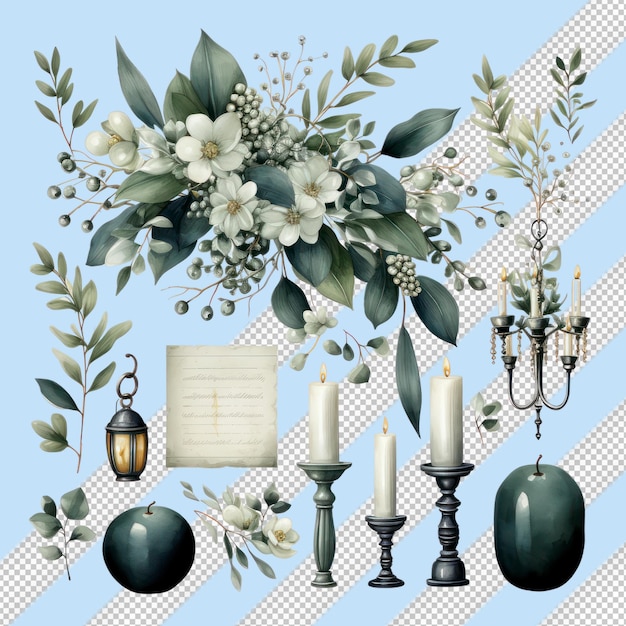 PSD scandinavian watercolor wedding ornaments with white leaves and flowers on transparent background