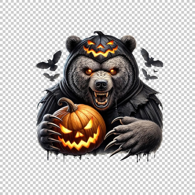 PSD scary bear with pumpkin and bats isolated on transparent background