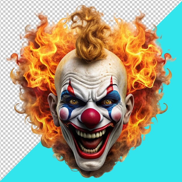 PSD scary clown mask on fire on transperent background