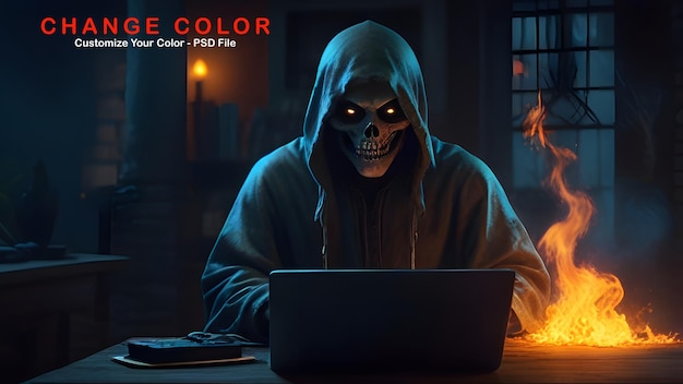 A scary ghost working on laptop with fire fantasy halloween character cinematic look vibrant