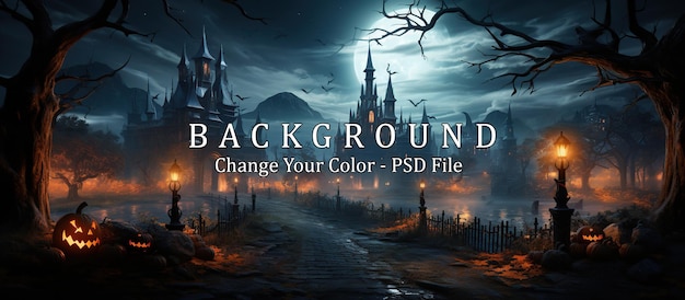 PSD scary halloween background with spooky haunted house and graveyard