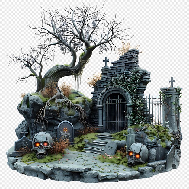 PSD scary halloween graveyard on isolated transparent background