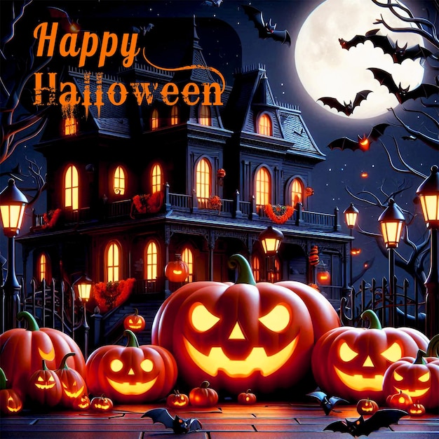 Scary halloween pumpkins with horror house background