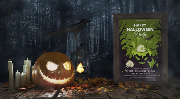 Scary pumpkin with horror movie poster