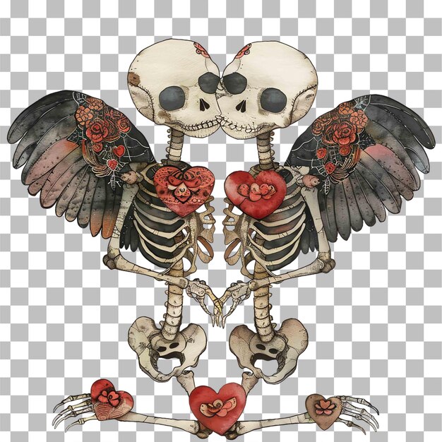 PSD scary skeleton pair of lovebirds watercolor gothic valentine