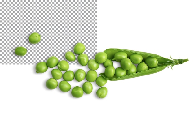 Scattered fresh green peas on a transparent background