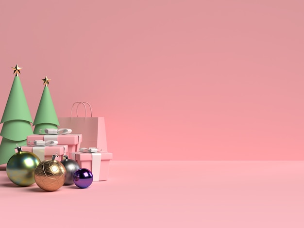 Scene of Christmas podium with gift box and ball on pink background in 3d rendering