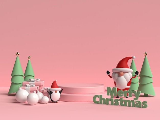 Scene of Christmas podium with Gift box and penguin in 3d rendering